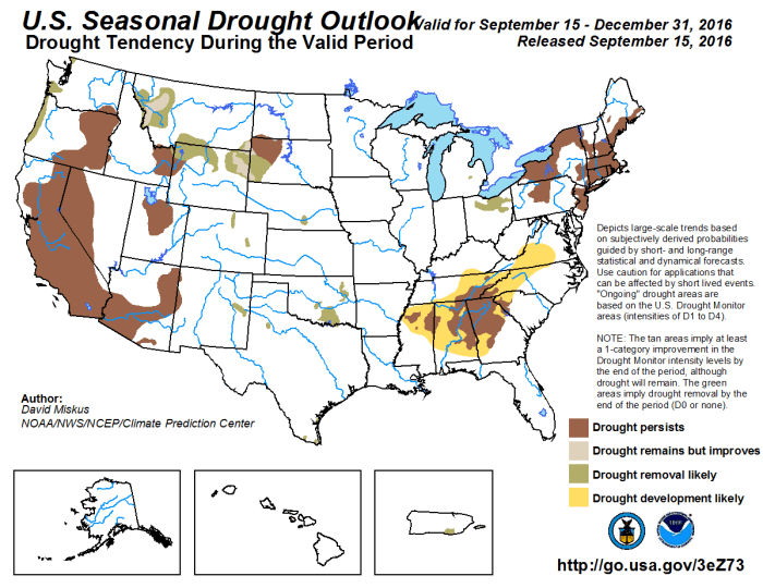 Drought outlook through December 31, 2016 via the Climate Prediction Center.