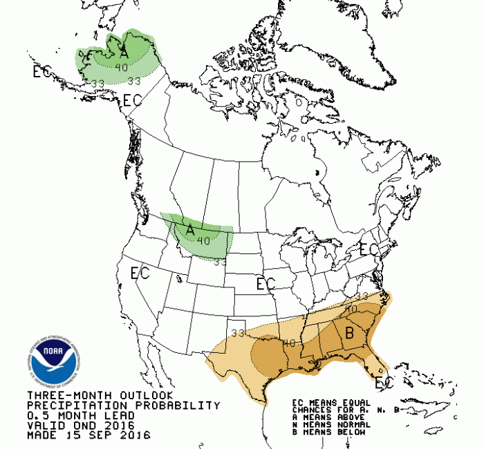 Precipitation outlook through December 31, 2016 via the Climate Prediction Center.