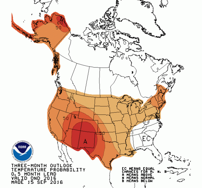 Temperature outlook through December 31, 2016 via the Climate Prediction Center.