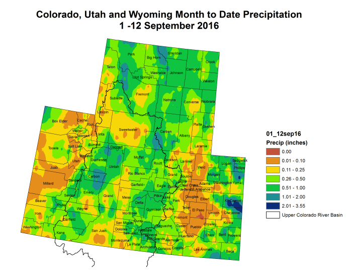 Upper Colorado River Basin month to date precipitation through September 12, 2016 via the Colorado Climate Center.