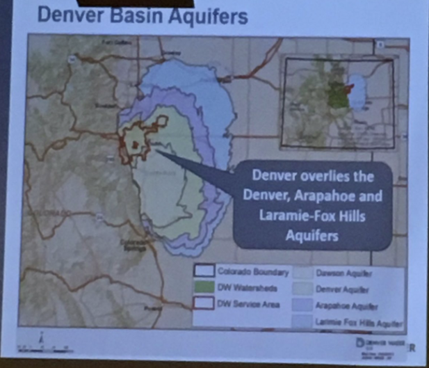 Denver's boundaries with respect to the Denver Basin Aquifer System. Slide via Bob Peters, South Platte Forum, October 26, 2016.