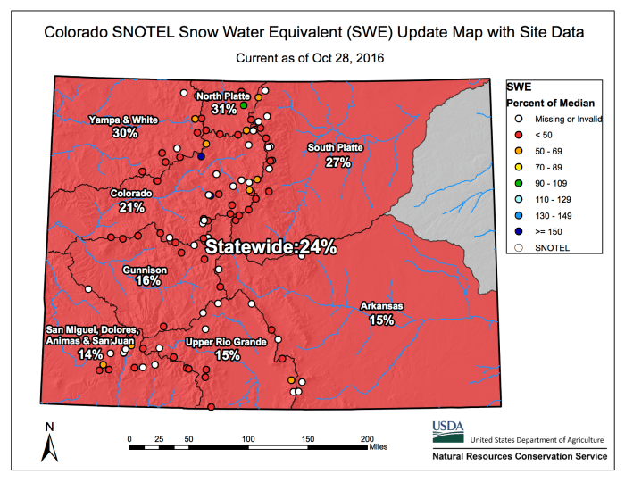 Colorado statewide snowpack map October 28, 2016 via the NRCS.