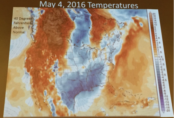 Extreme events, temperatures above normal May 4, 2016. Slide via Brad Udall, South Platte Forum, October 27, 2016.
