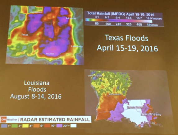 Extreme flooding: Texas, April 2016; Louisiana, August 2016. Slide via Brad Udall, South Platte Forum October 27, 2016.