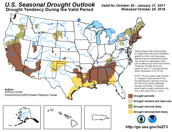 Three month drought outlook through January 31, 2017 via the Climate Prediction Center.