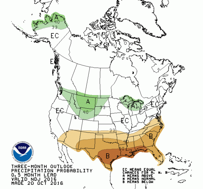 Three month precipitation outlook through January 31, 2017 via the Climate Prediction Center.