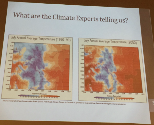 Colorado average temperature July 1950 through 1999 with projected July temperatures 2050, slide via Julie Traylor, South Platte Forum, October 27, 2016.
