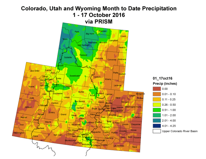 Upper Colorado River Basin month to date precipitation through October 17, 2016 via the Colorado Climate Center.
