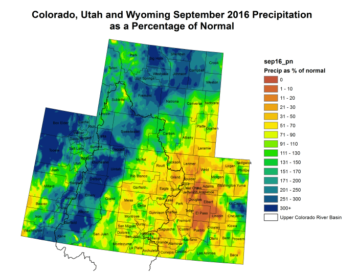 Upper Colorado River Basin September 2016 precipitation as a percent of normal via the Colorado Climate Center.