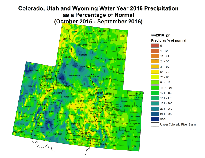 Upper Colorado River Basin precipitation as a percent of normal for Water Year 2016 via the Colorado Climate Center.