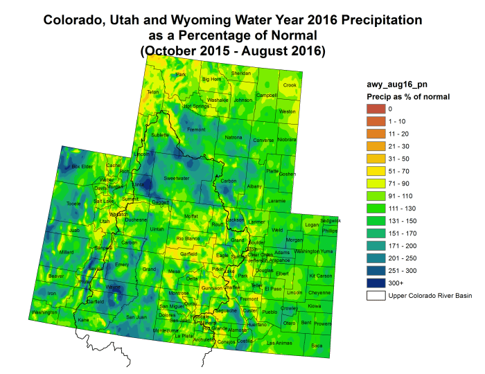 Upper Colorado River Basin Water Year 2016 precipitation as a percent of normal through August 31, 2016 via the Colorado Climate Center.