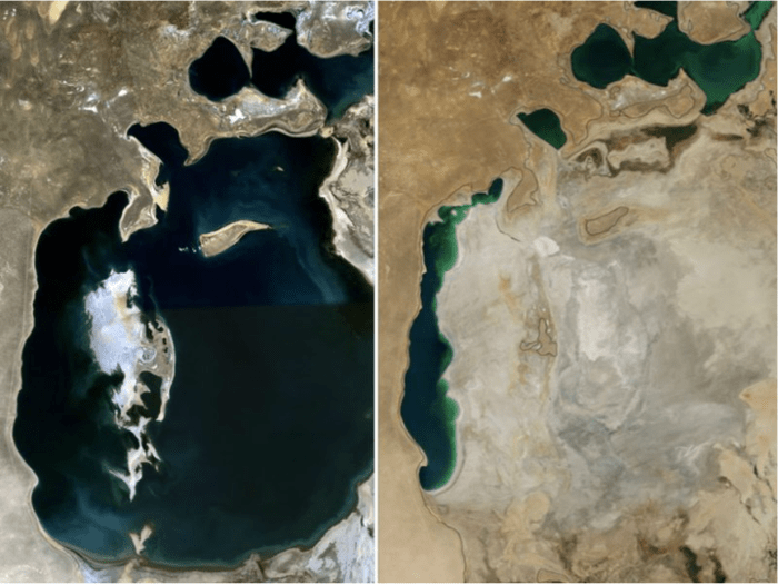A comparison of the Aral Sea in 1989 (left) and 2014 (right). Credit: NASA. Collage by Producercunningham. [Public domain], via Wikimedia Commons.