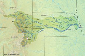 The Platte River is formed in western Nebraska east of the city of North Platte, Nebraska by the confluence of the North Platte and the South Platte Rivers, which both arise from snowmelt in the eastern Rockies east of the Continental Divide. Map via Wikimedia.