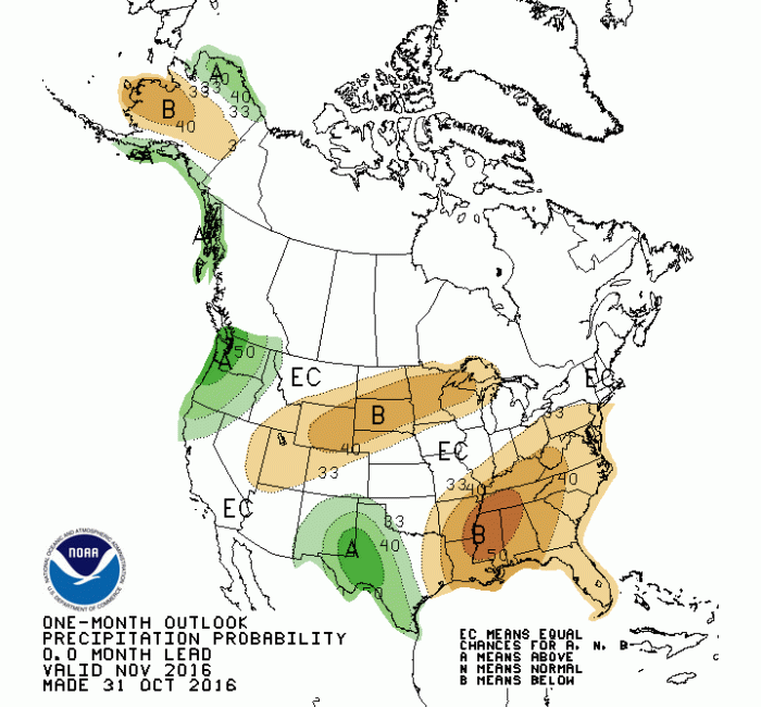 One month precipitation outlook issued October 31, 2016 via NOAA.