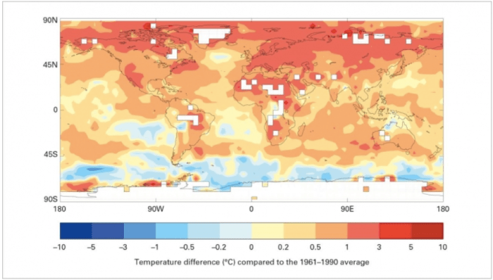 How temperatures in the five-year period from 2011-2015 compared to the long-term average. Credit: WMO via Climate Central.
