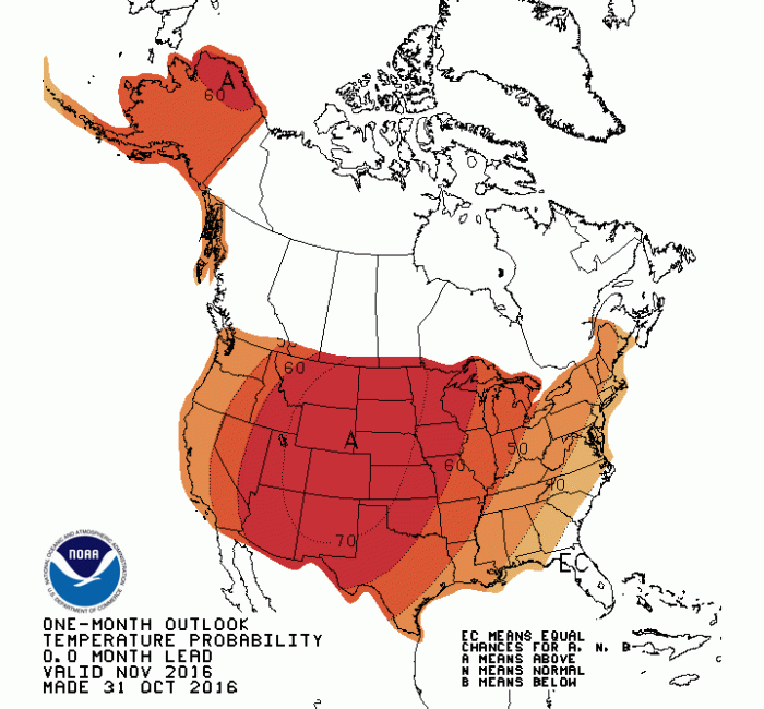 One month temperature outlook issued October 31, 2016 via NOAA.