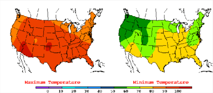 The United States has experienced unusual warmth lately, as indicated by this July 22, 2016, weather map showing much of the country facing highs in the 90s and 100s and lows in the 70s. New research indicates that more record high temperatures may be in store. (Weather map by the National Oceanic and Atmospheric Administration’s Weather Prediction Center.) via The Mountain Town News.