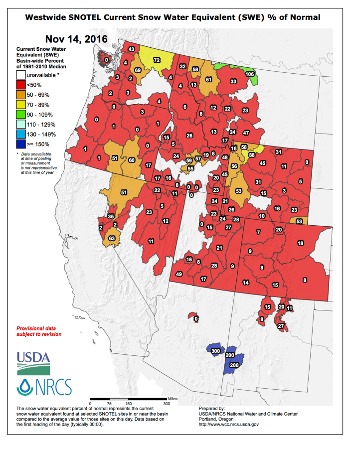 Westwide SNOTEL map November 14, 2016 via the NRCS.
