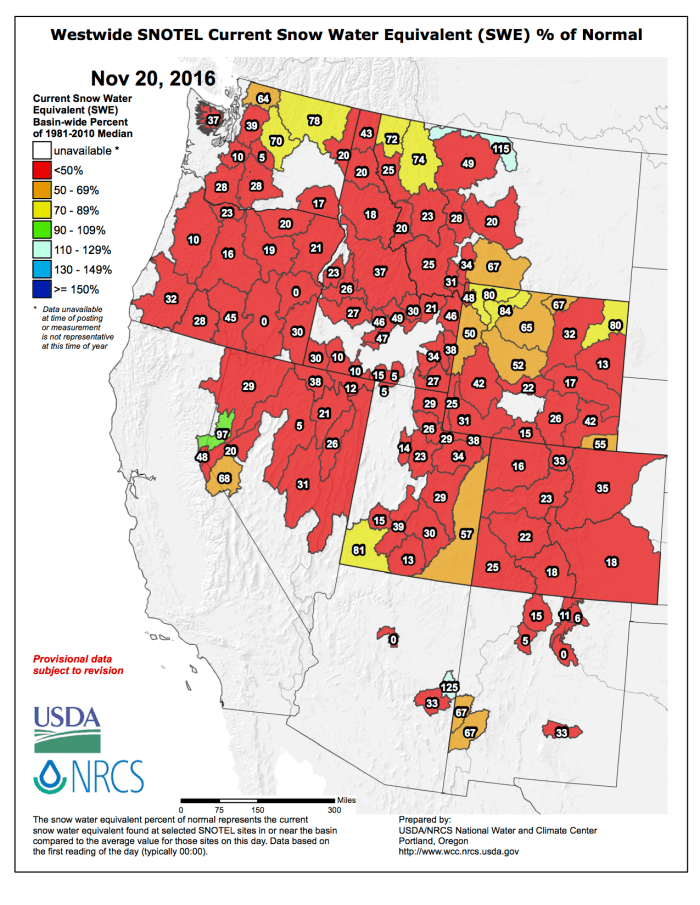 Westwide SNOTEL November 20, 2016 via the NRCS.
