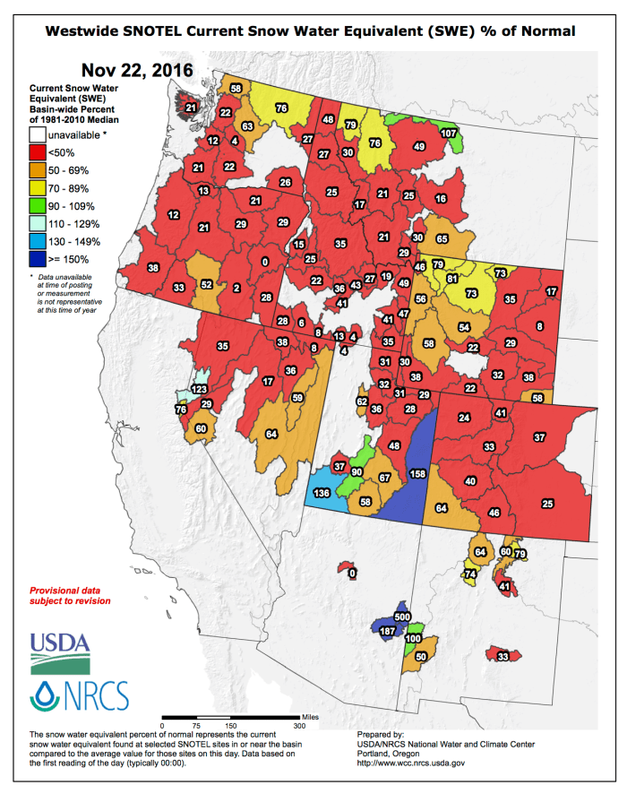 Westwide SNOTEL November 22, 2016 via the NRCS.