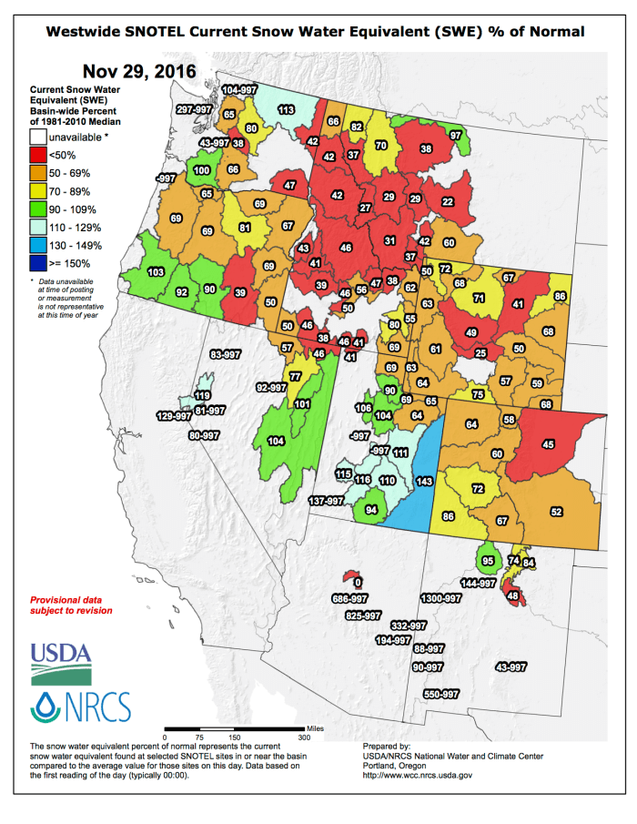 Westwide SNOTEL map November 29, 2016 via the NRCS.