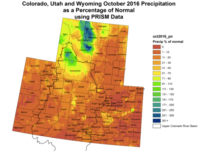 Upper Colorado River Basin precipitation as a percent of normal October 2016 via the Colorado climate Center.