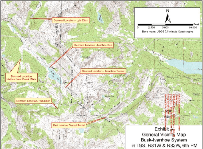 A map of the Busk-Ivanhoe system, with Ivanhoe Reservoir on the left side of the map and Turquoise Reservoir on the right.