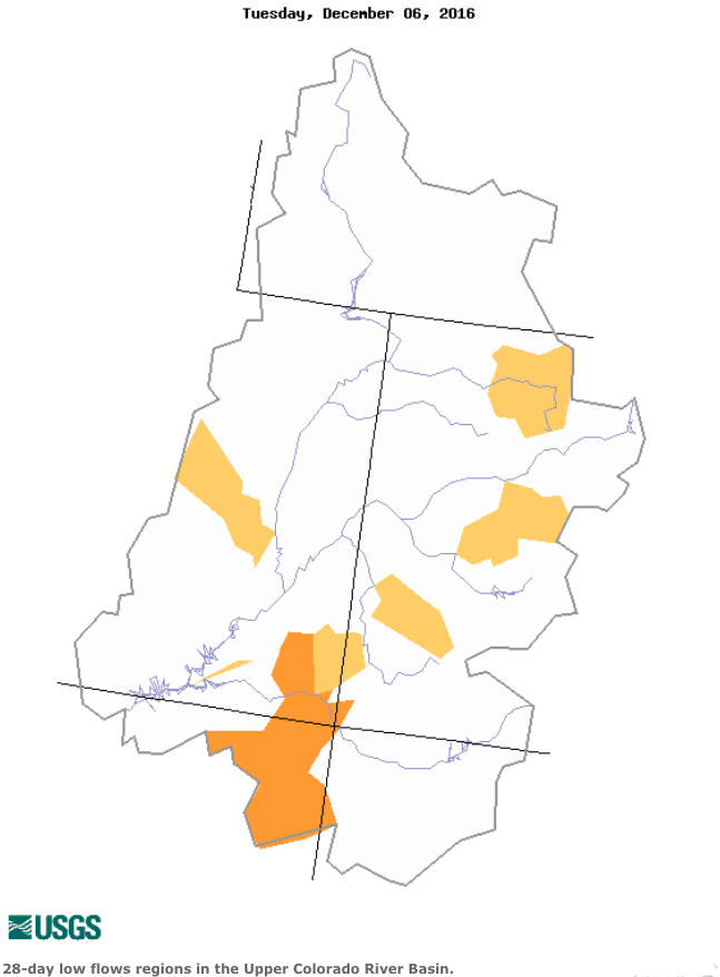 28-Day low flows in Upper Colorado River Basin. Credit @USGS via @ColoradoClimate.
