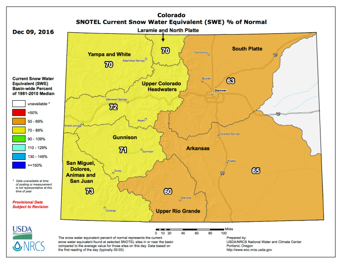 Statewide snowpack map December 9, 2016 via the NRCS.