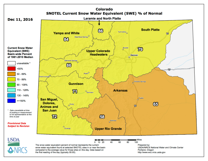Statewide snowpack December 11, 2016 via the NRCS.