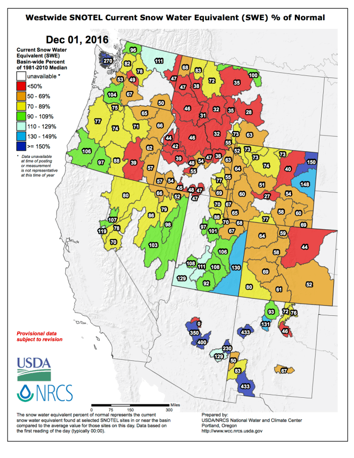 Westwide Basin-Filled snowpack map December 1, 2016 via the NRCS.