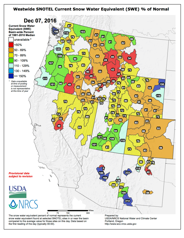 Westwide SNOTEL basin filled map December 7, 2016 via the NRCS.