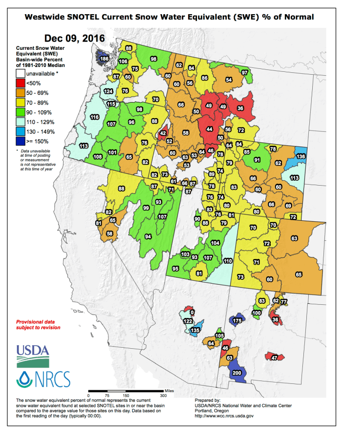 Westwide SNOTEL basin-filled map December 9, 2016 via the NRCS.