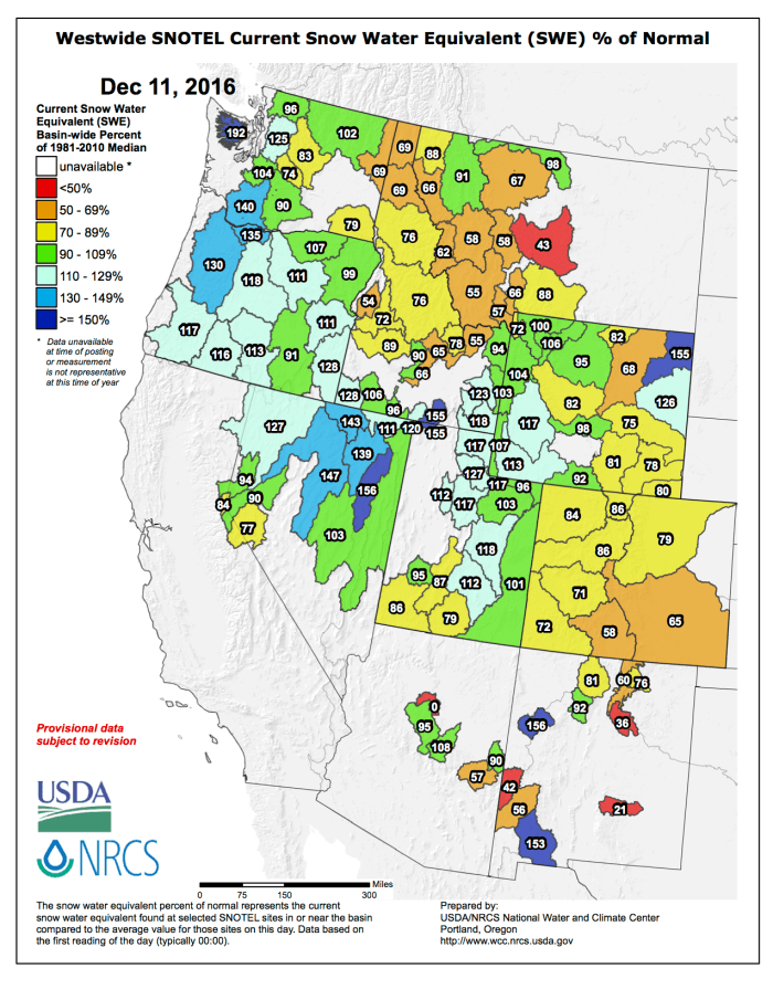 Westwide SNOTEL basin-filled map December 11, 2016 via the NRCS.