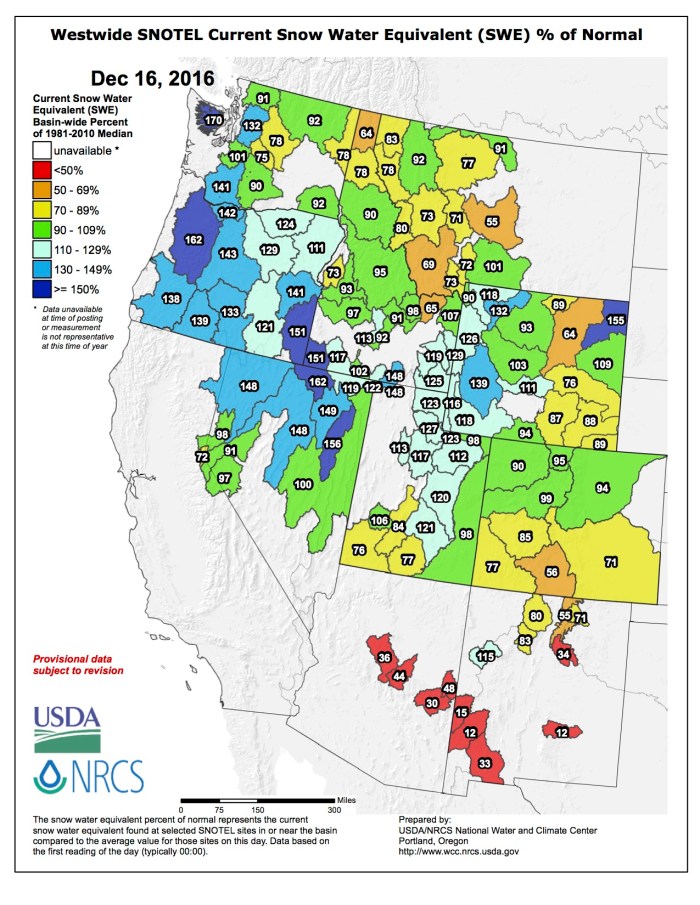 Westwide SNOTEL basin-filled map December 16, 2016 via the NRCS.
