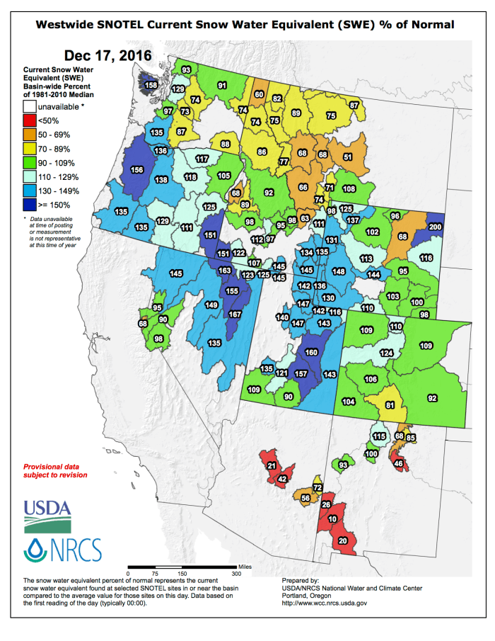Westwide SNOTEL basin-filled map December 17, 2016 via the NRCS.