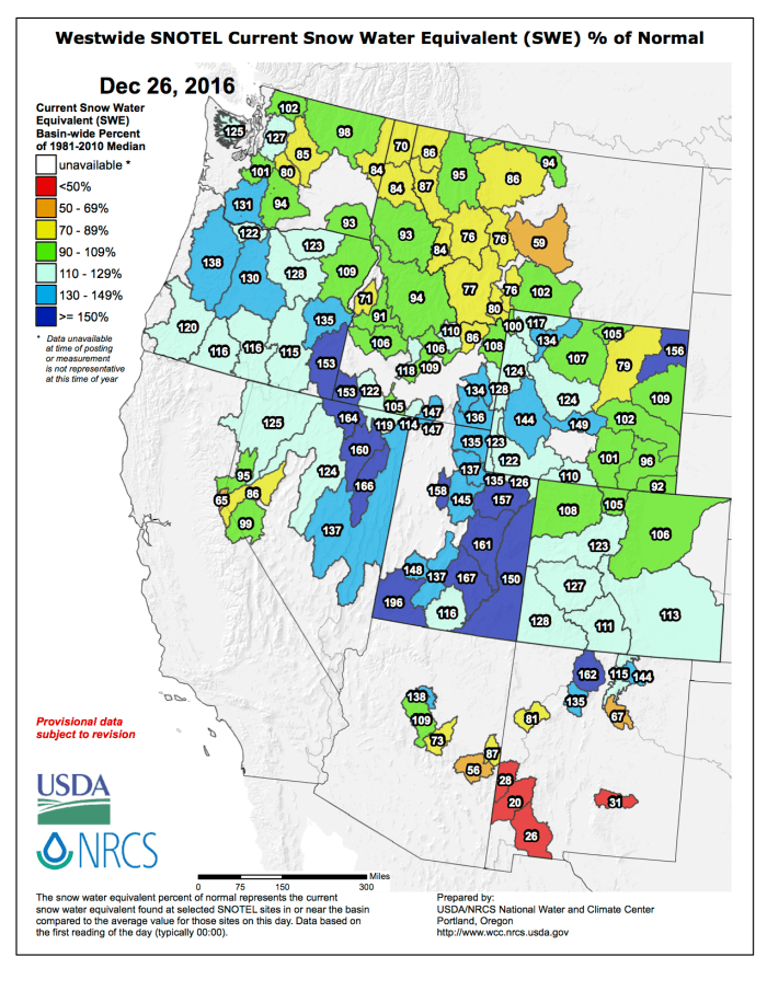 Westwide SNOTEL basin-filled map December 26, 2016 via the NRCS.