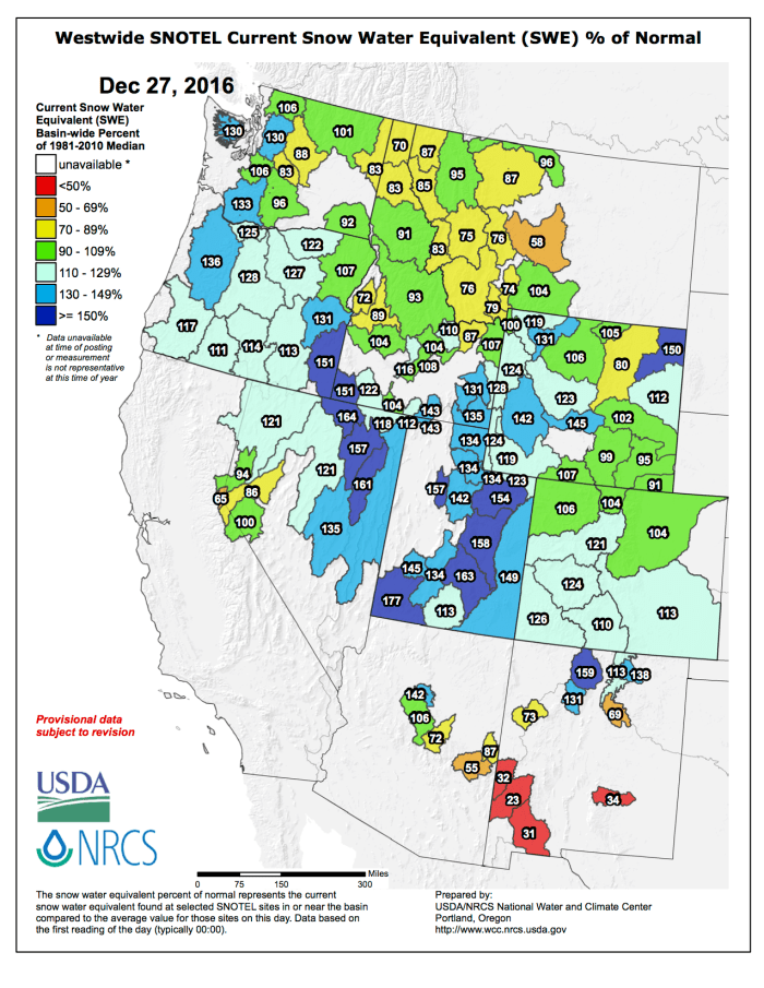 Westwide SNOTEL basin-filled map via the NRCS.