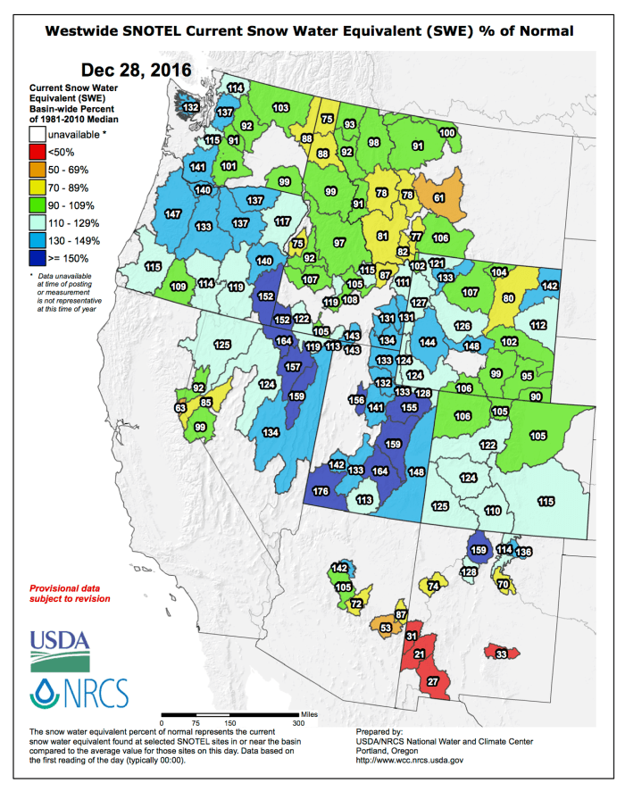 Westwide SNOTEL December 28, 2016 via the NRCS.