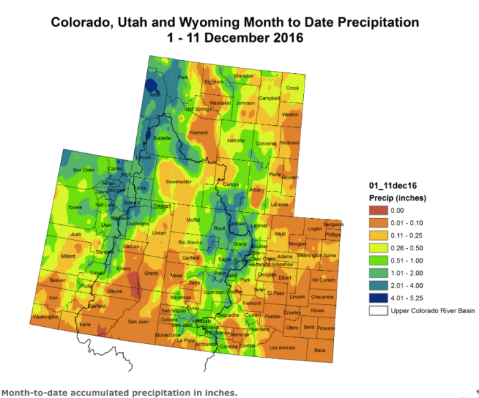 Upper Colorado River Basin month to date precipitation through December 16, 2016 via the Colorado Climate Center.