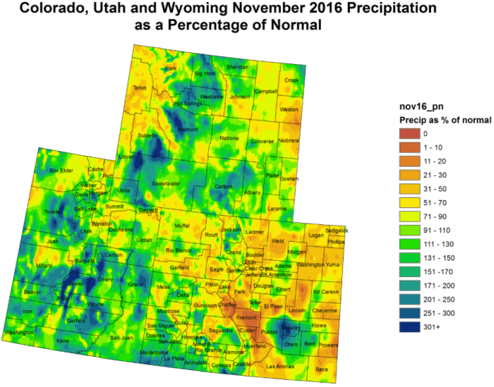 Upper Colorado River Basin precipitation as a percent of normal November 2016 via the Colorado Climate Center.