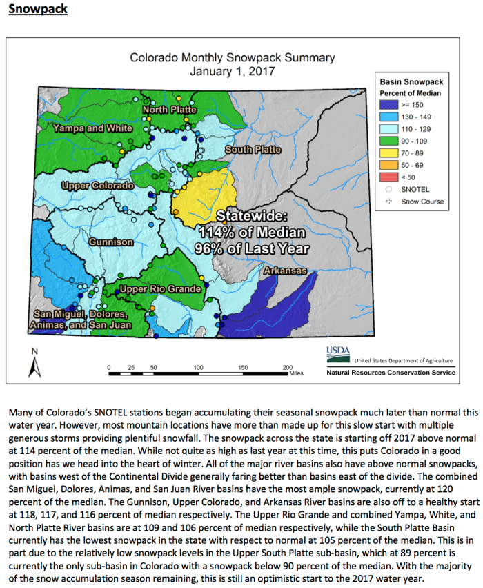 Snowpack by sub-basin January 1, 2017 via the NRCS.