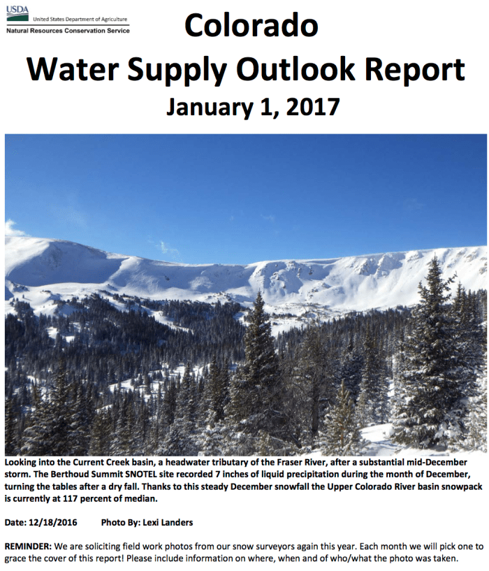 Colorado Basin Outlook Report January 1, 2017 via the NRCS.