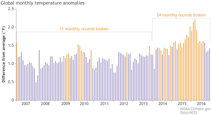 Monthly temperature anomalies (difference from average) from 2007-2016. Orange bars indicate months that set a new temeprature record at the time they occurred. During the past three years, 24 months set new records for warmth. In some cases, monthly records set in 2014 were broken in 2015, and again 2016. NOAA Climate.gov graph, adapted from NCEI original by Deke Arndt.