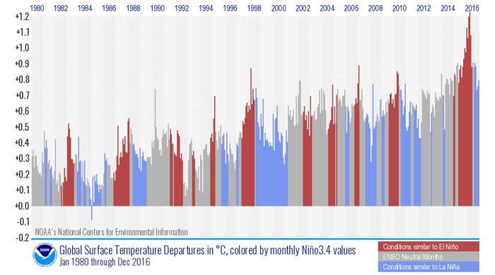 Monthly temperature departures from average color coded by the warm (red, El Niño) and cool (blue, La Niña) phases of the El Niño-Southern Oscillation climate pattern influencing the climate at the time. El Niño and La Niña months tend to be warmer or cooler, respectively, than their close neighbors. NOAA NCEI graph by Deke Arndt.