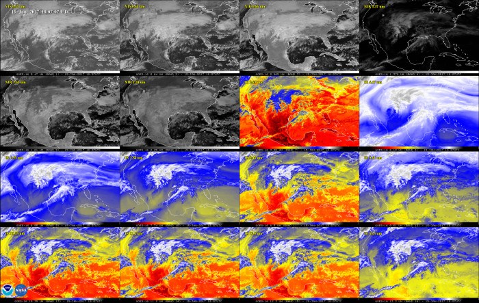 Jan 15, 2017 This 16-panel image shows the continental United States in the two visible, four near-infrared and 10 infrared channels on ABI. These channels help forecasters distinguish between differences in the atmosphere like clouds, water vapor, smoke, ice and volcanic ash. GOES-16 has three-times more spectral channels than earlier generations of GOES satellites.