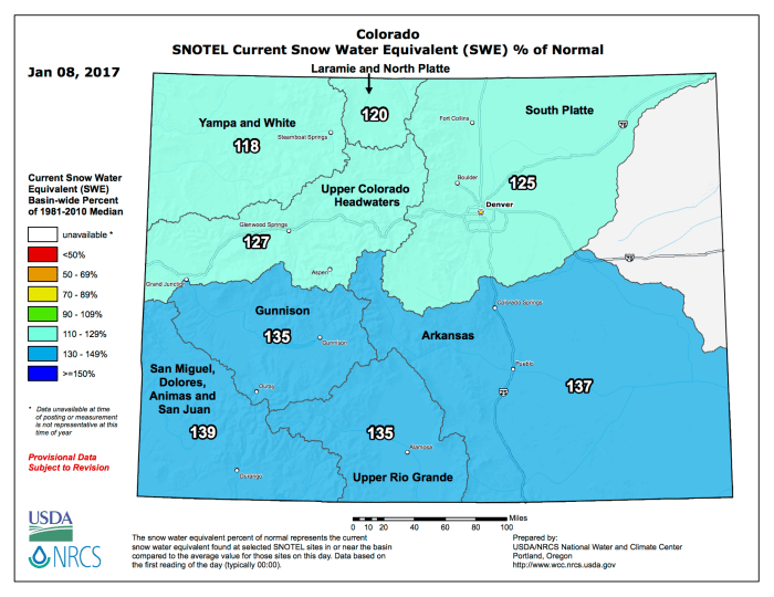 Colorado SNOTEL basin-filled map January 8, 2017 via the NRCS.