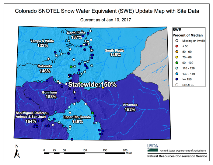 Statewide snowpack map with site information January 10, 2017 via the NRCS.