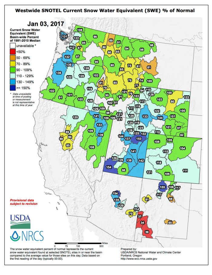 Westwide SNOTEL basin-filled map via the NRCS.