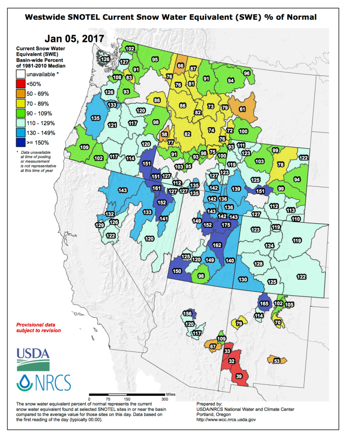 Westwide SNOTEL basin-filled map via the NRCS.